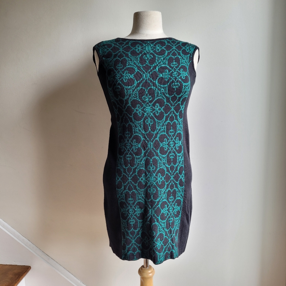 🇮🇹 LUISA SPAGNOLI Floral 100% Wool knit Sleeveless Dress Black Green S